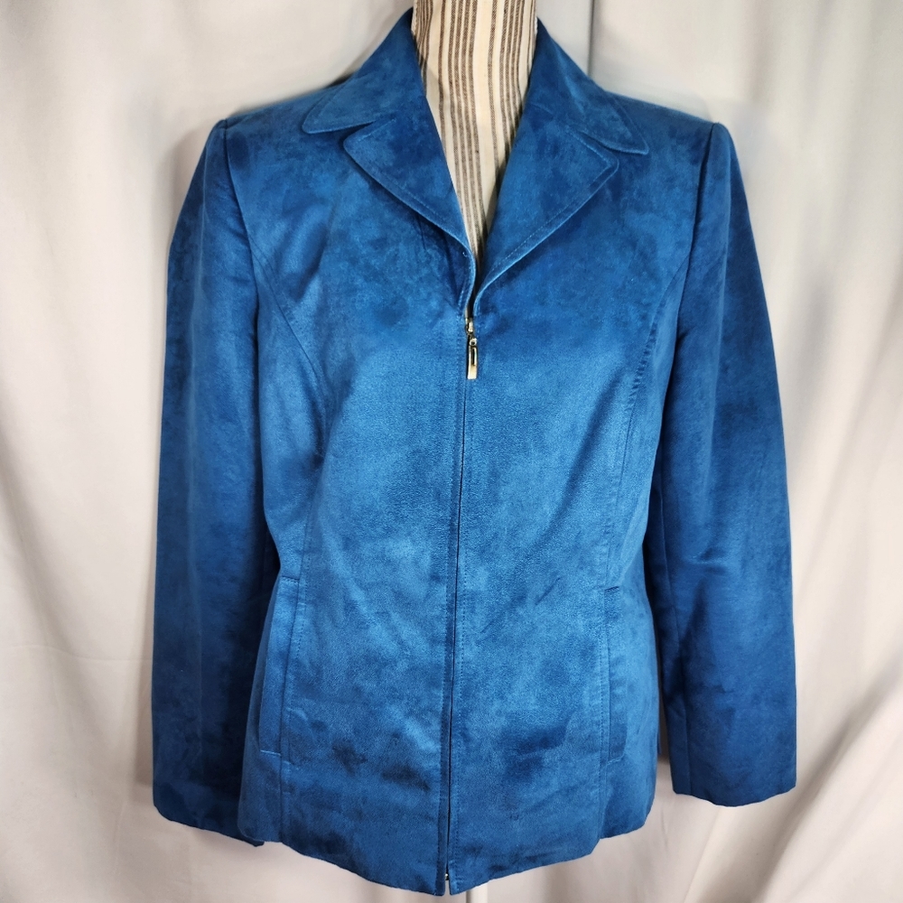 Evan-Picone Blue Faux Suede / Microsuede Zip Up Jacket Size 10